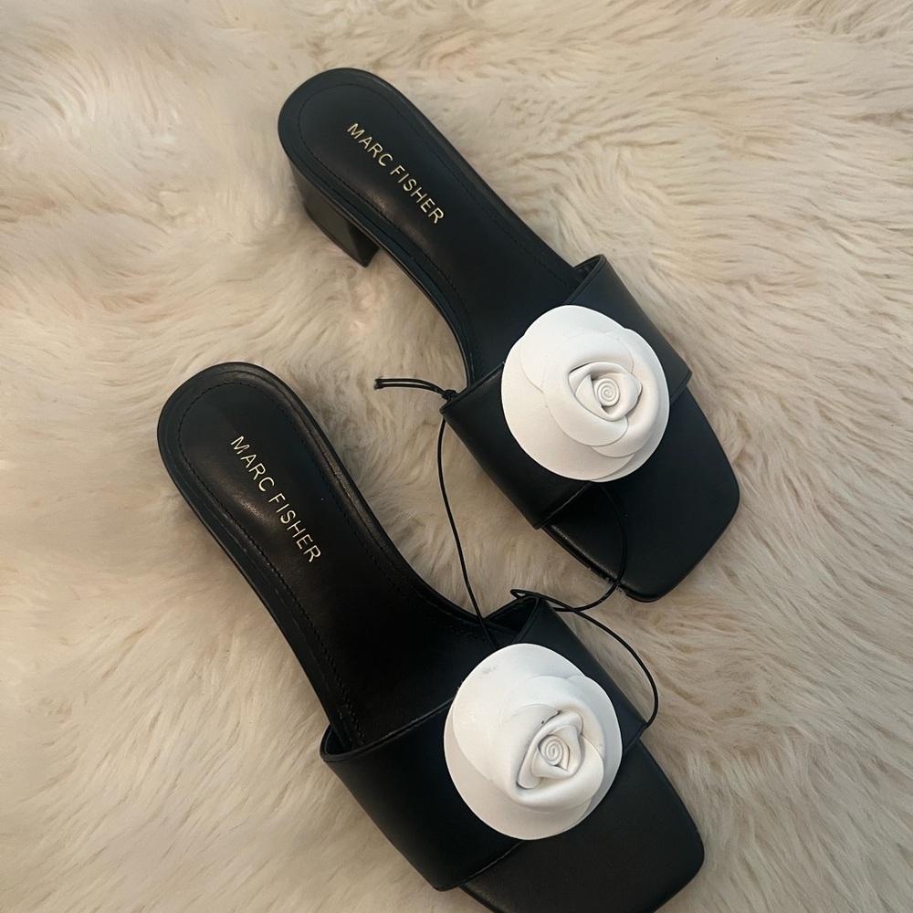 Marc Fisher Black and White Mules with Medallion Accent